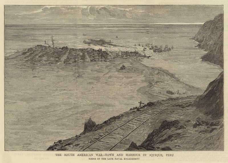 Det sydamerikanska kriget, stad och hamn i Iquique, Peru av William Lionel Wyllie