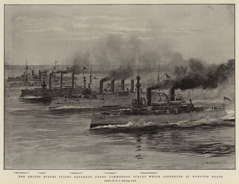 Förenta staternas flygande eskader under kommodore Schley som samlades i Hampton Roads. av William Lionel Wyllie
