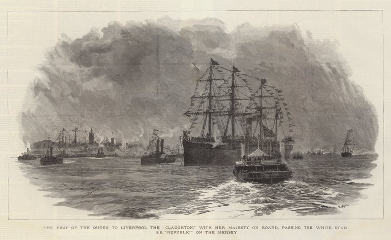 Drottningens besök i Liverpool, Claughton, med Hennes Majestät ombord, förbi White Star SS Republic på Mersey av William Lionel Wyllie