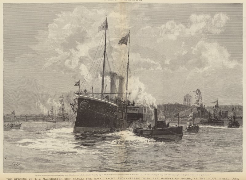 Öppnandet av Manchester Ship Canal, Royal Yacht Enchantress med Hennes Majestät ombord, vid Mode Wheel Lock av William Lionel Wyllie