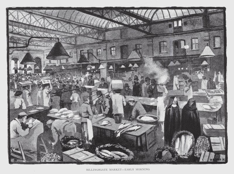Billingsgate Market, tidig morgon (litho) av William Luker