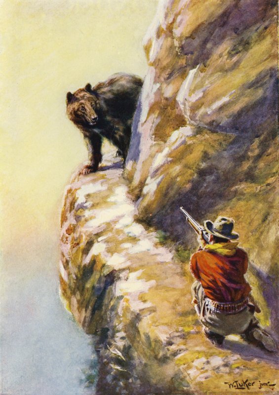 Konfrontation mellan en man och en björn på en smal bergskant (färg litho) av William Luker