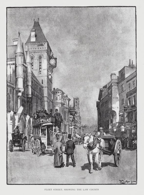 Fleet Street, som visar Law Courts (litho) av William Luker