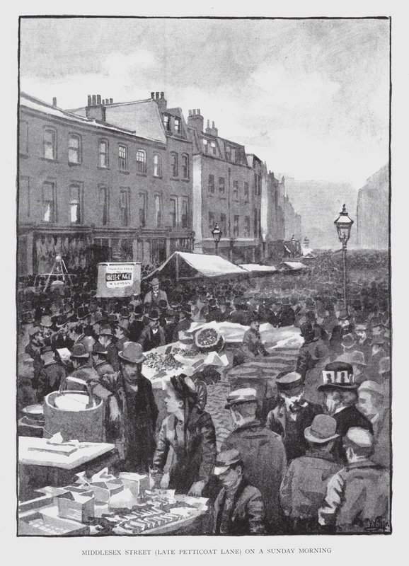 Middlesex Street, sent Petticoat Lane, på en söndagsmorgon (litho) av William Luker