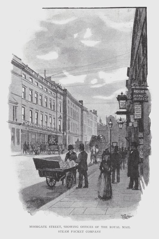 Moorgate Street, som visar Offices of the Royal Mail Steam Packet Company (litho) av William Luker