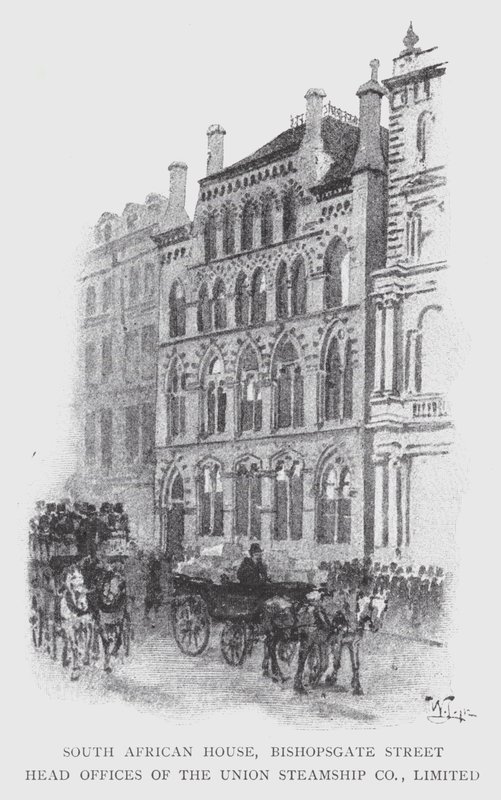 South African House, Bishopsgate Street, huvudkontor för Union Steamship Co, Limited (litho) av William Luker