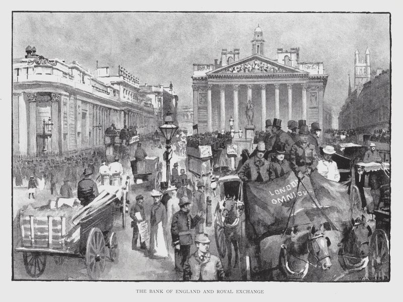 Bank of England och Royal Exchange (litho) av William Luker