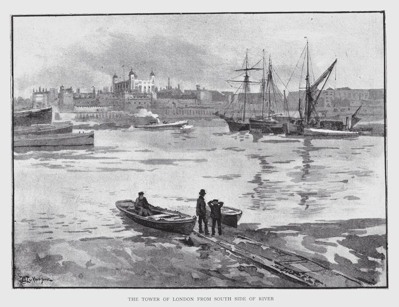The Tower of London från South Side of River (litho) av William Luker