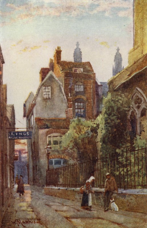 Gamla hus nära St Edwards Church och St Edwards Passage av William Matthison
