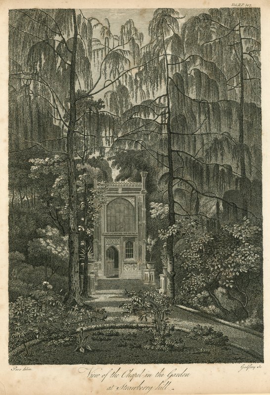 Vy över kapellet i trädgården på Strawberry Hill, Twickenham, London av William Pars