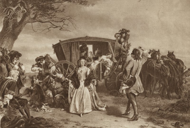 Familj hålls uppe av den franske landsvägsmannen Claude Duval (litho) av William Powell (after) Frith