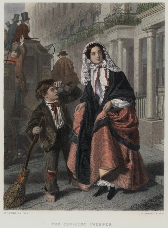 The Crossing Sweeper (färgad gravyr) av William Powell (after) Frith