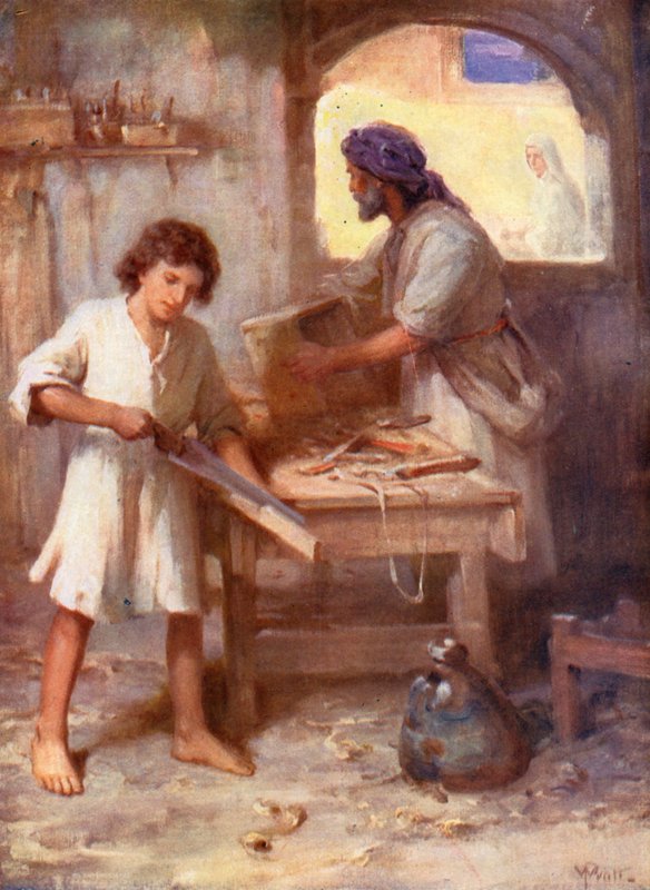 Jesus i snickarverkstaden, Lukas 2, 51, 52 (färglitografi) av William Pratt