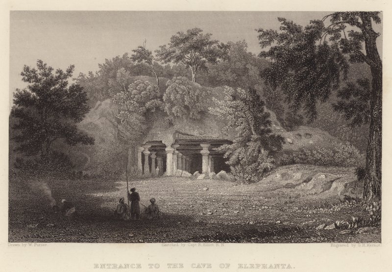 Ingång till Elephanta-grottan (gravyr) av William Purser
