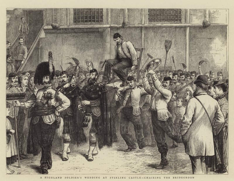 En höglandssoldats bröllop på Stirling Castle, med brudgummen som ordförande av William Ralston