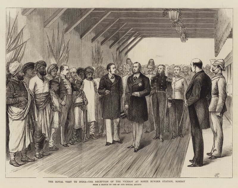 Det kungliga besöket i Indien, mottagandet av vicekungen på Boree Bunder Station, Bombay av William Ralston