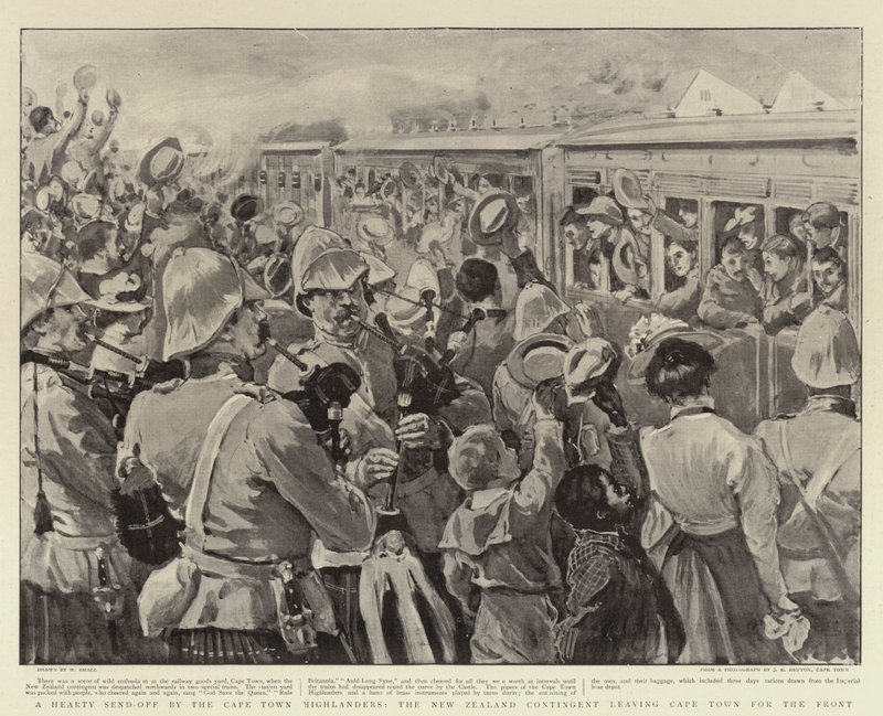 En rejäl utsändning från Cape Town Highlanders, den Nya Zeelands kontingent som lämnar Kapstaden för fronten av William Small