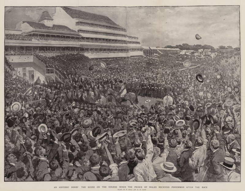 Ett historiskt derby, scenen på banan när prinsen av Wales tog emot Persimmon efter loppet av William Small