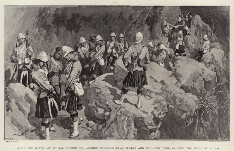 Efter slaget vid Dargai bär Gordon Highlanders ner dödade och sårade gurkhas från handlingsplatsen av William Small