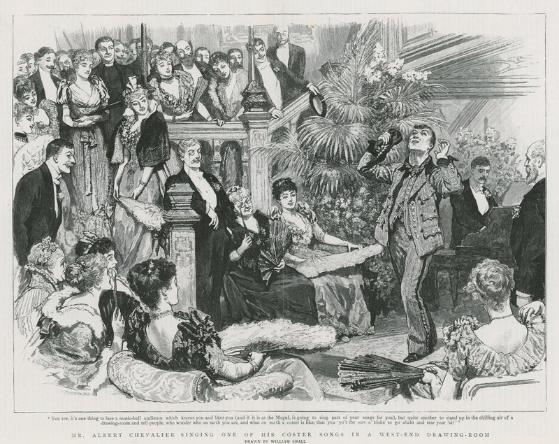 Mr Albert Chevalier sjunger en av sina coster-låtar i en salong i West End (gravyr) av William Small