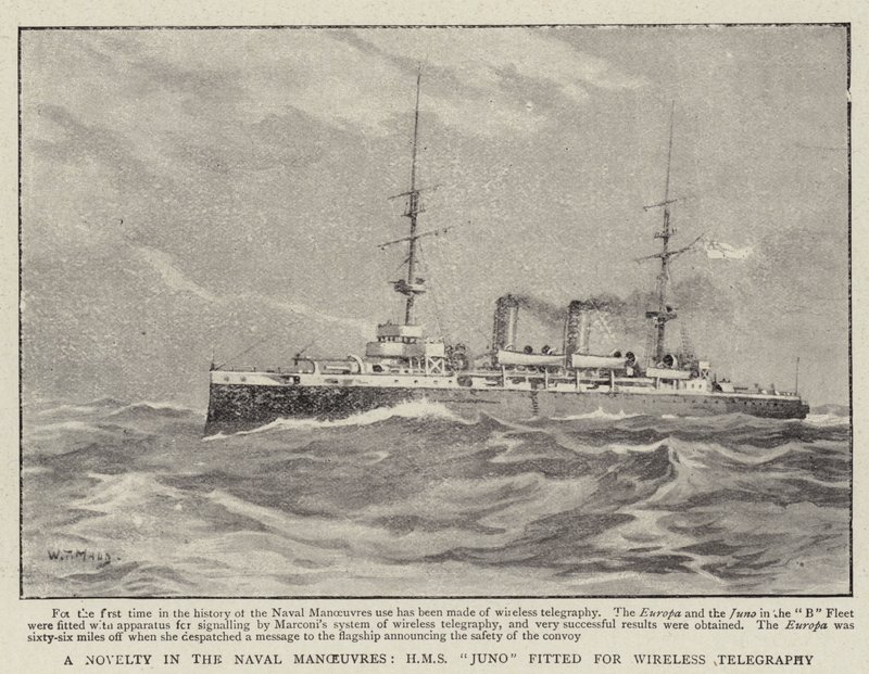 En nyhet i sjömanövrarna, H M S Juno utrustad för trådlös telegrafi av William T. Maud