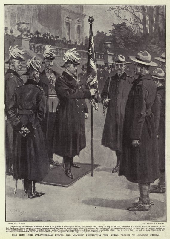 Kungen och Strathconas häst, hans majestät presenterar kungens färg till överste Steele av William T. Maud