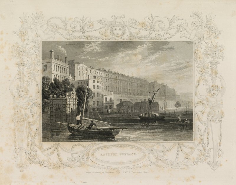 Adelphi Terrace, inklusive Water Gate, York Buildings, London av William Tombleson