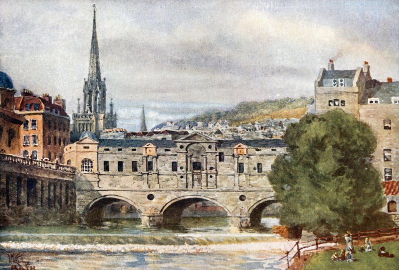 Bath, Pulteney Bridge (färg litho) av William Wiehe Collins
