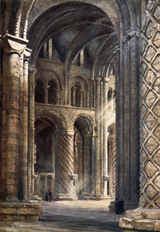 Durham, katedralens inre tittar över långhuset in i södra tvärskeppet (färg litho) av William Wiehe Collins