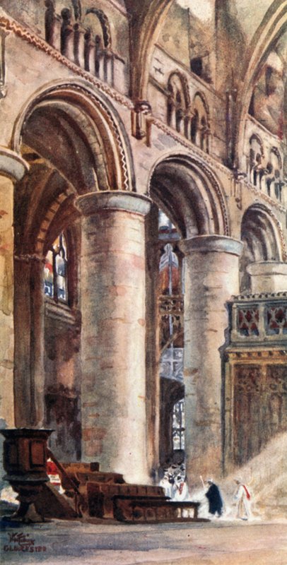 Gloucester, långhusets inre (färg litho) av William Wiehe Collins