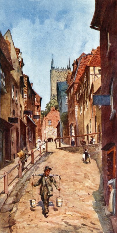 Lincoln, the Steep Hill (färg litho) av William Wiehe Collins