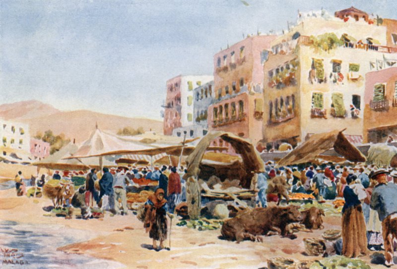 Malaga, marknaden (färg litho) av William Wiehe Collins