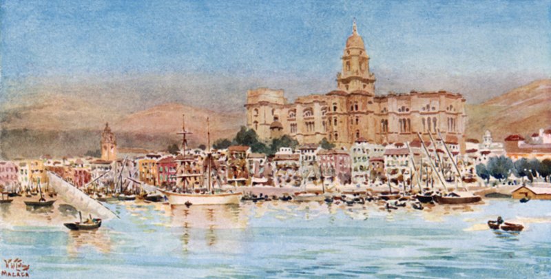 Malaga, utsikt från hamnen (färg litho) av William Wiehe Collins