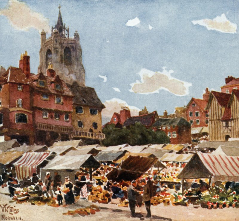Norwich, Market Place (färg litho) av William Wiehe Collins