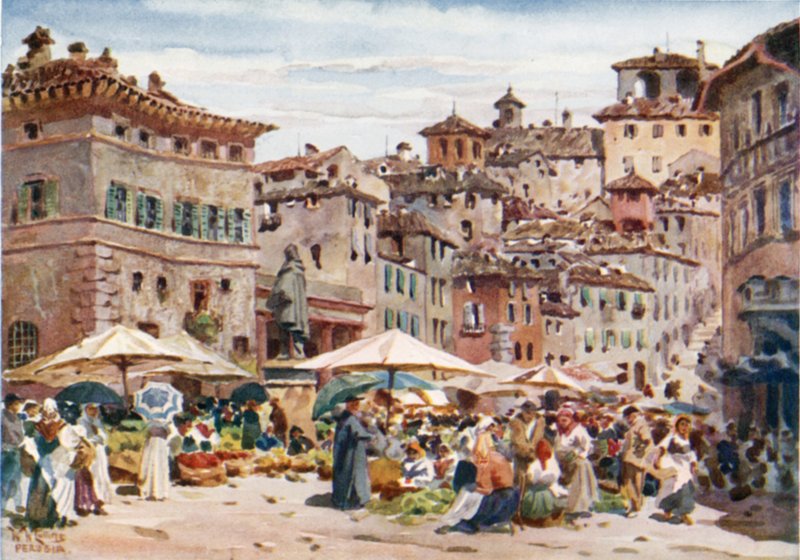 Perugia. Piazza Garibaldi (färg litho) av William Wiehe Collins