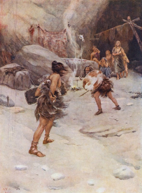 Förhistorisk människa (färglitografi) av William Wiehe Collins