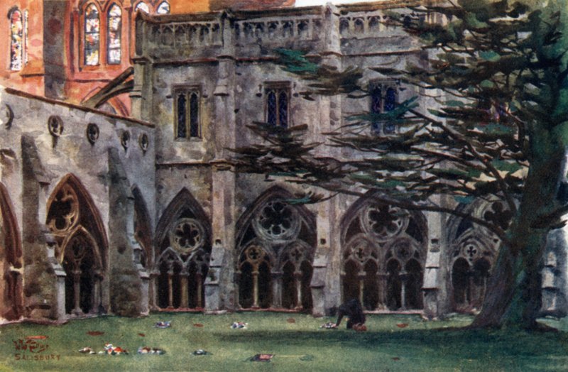 Salisbury, the Cloisters (färg litho) av William Wiehe Collins