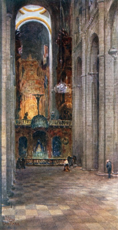 Santiago, interiören av katedralen (färg litho) av William Wiehe Collins