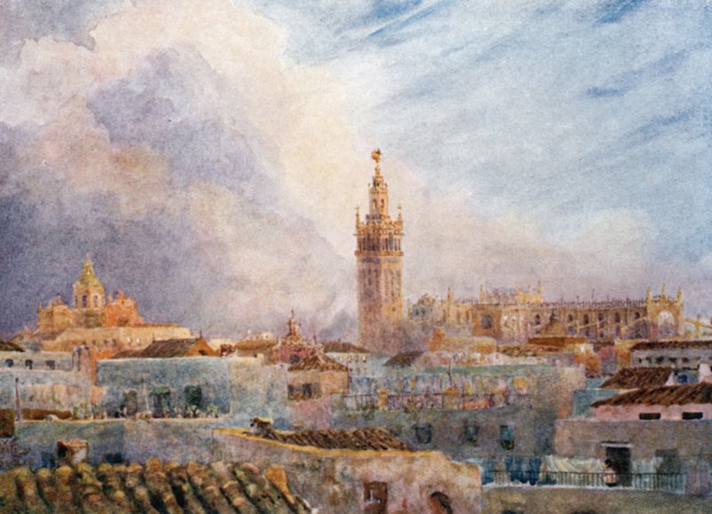 Sevilla, utsikt över staden (färg litho) av William Wiehe Collins