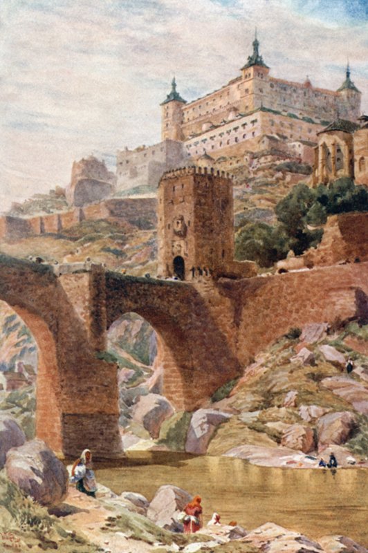 Toledo, Alcantarabron (färg litho) av William Wiehe Collins