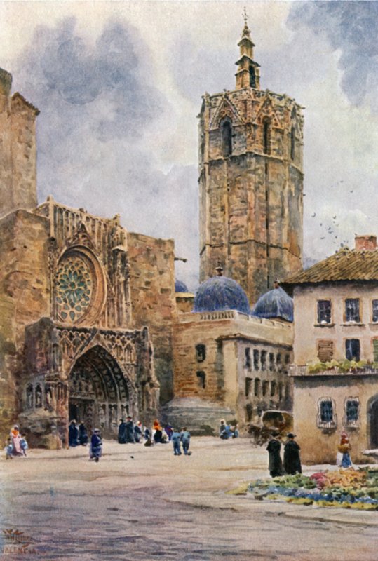 Valencia, dörren till katedralen (färg litho) av William Wiehe Collins