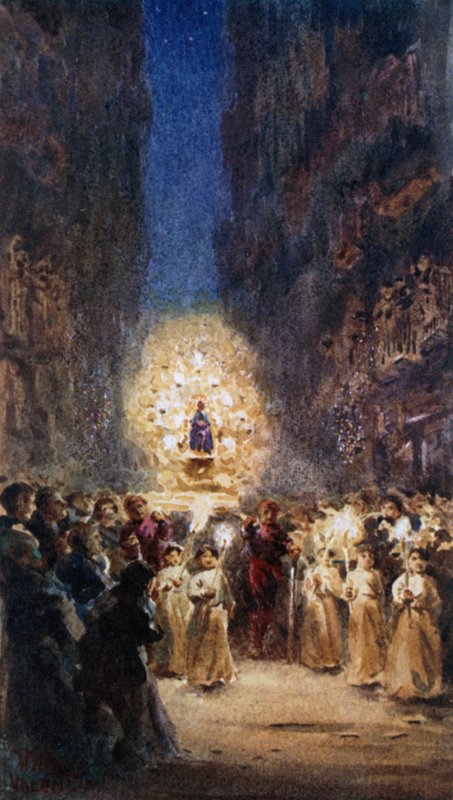 Valencia, religiös procession (färg litho) av William Wiehe Collins