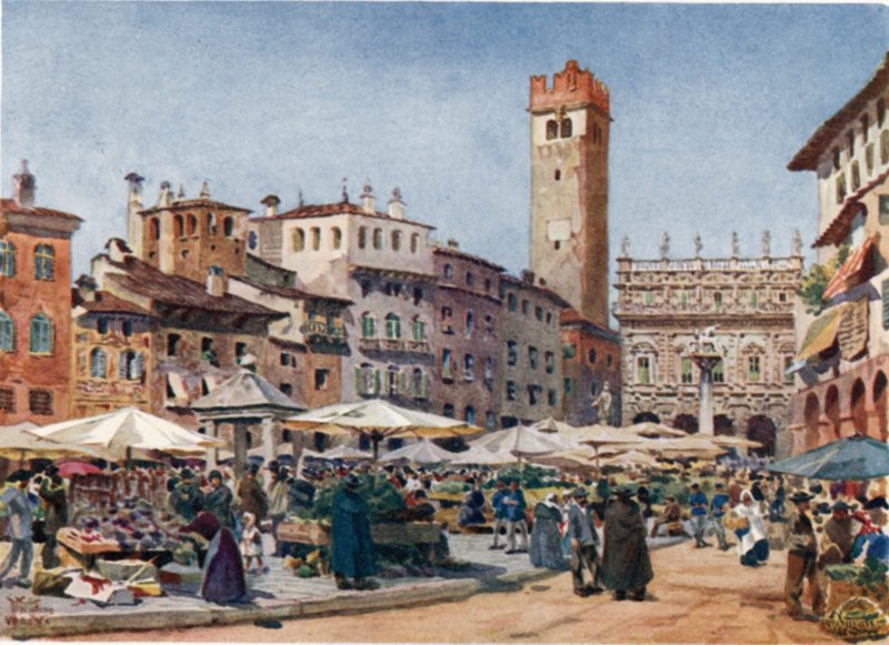 Verone. The Market Place (färg litho) av William Wiehe Collins