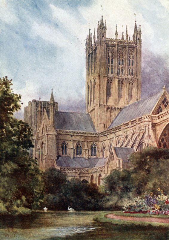 Wells, Cathedral and the Pools (färg litho) av William Wiehe Collins