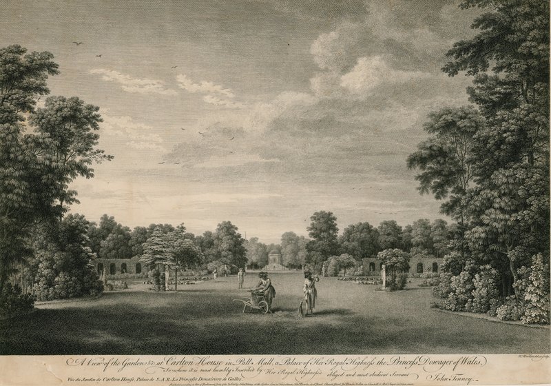Utsikt över trädgården på Carlton House i Pall Mall, ett palats av Hennes kungliga höghet prinsessan enkefru av Wales av William Woollett