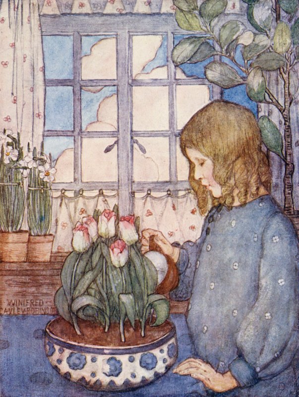 Barnens bok om trädgårdsskötsel: En rumsträdgård på våren (färglitografi) av Winifred Cayley Robinson