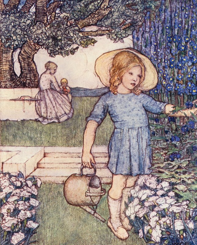 Barnens bok om trädgårdsskötsel: Lärksporr och rosa (färglitografi) av Winifred Cayley Robinson