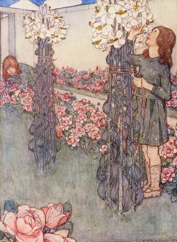 Barnens bok om trädgårdsskötsel: Liljor och rosor (färglitografi) av Winifred Cayley Robinson