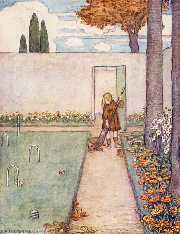 Barnens bok om trädgårdsskötsel: Den städade trädgårdsmästaren (färglitografi) av Winifred Cayley Robinson