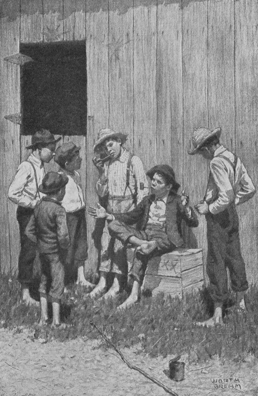 De två hjältarna började berätta sina äventyr för hungriga lyssnare (litho) av Worth Brehm